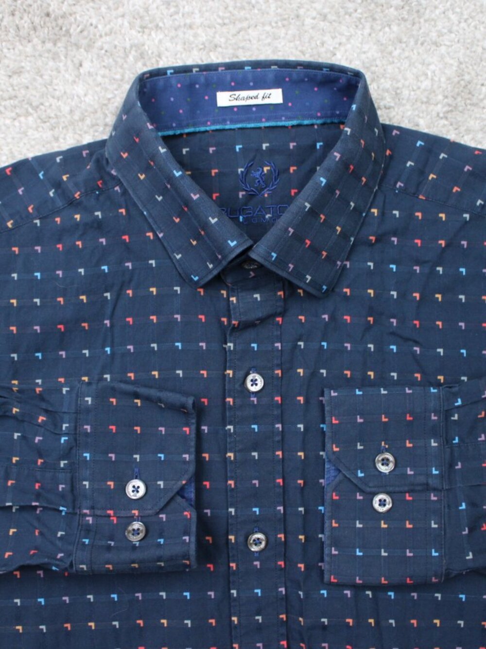 Bugatchi Uomo Shirt Mens Medium Blue/Pink Geometric Shaped Fit Short Sleeve